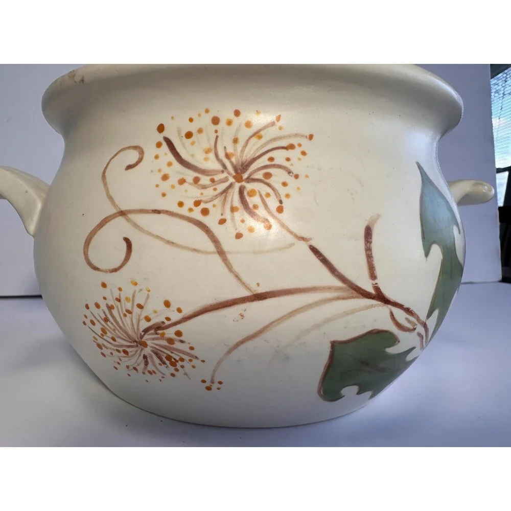 Handmade Hand Painted Ceramic Bean Pot Casserole with Dandelion Design - Signed